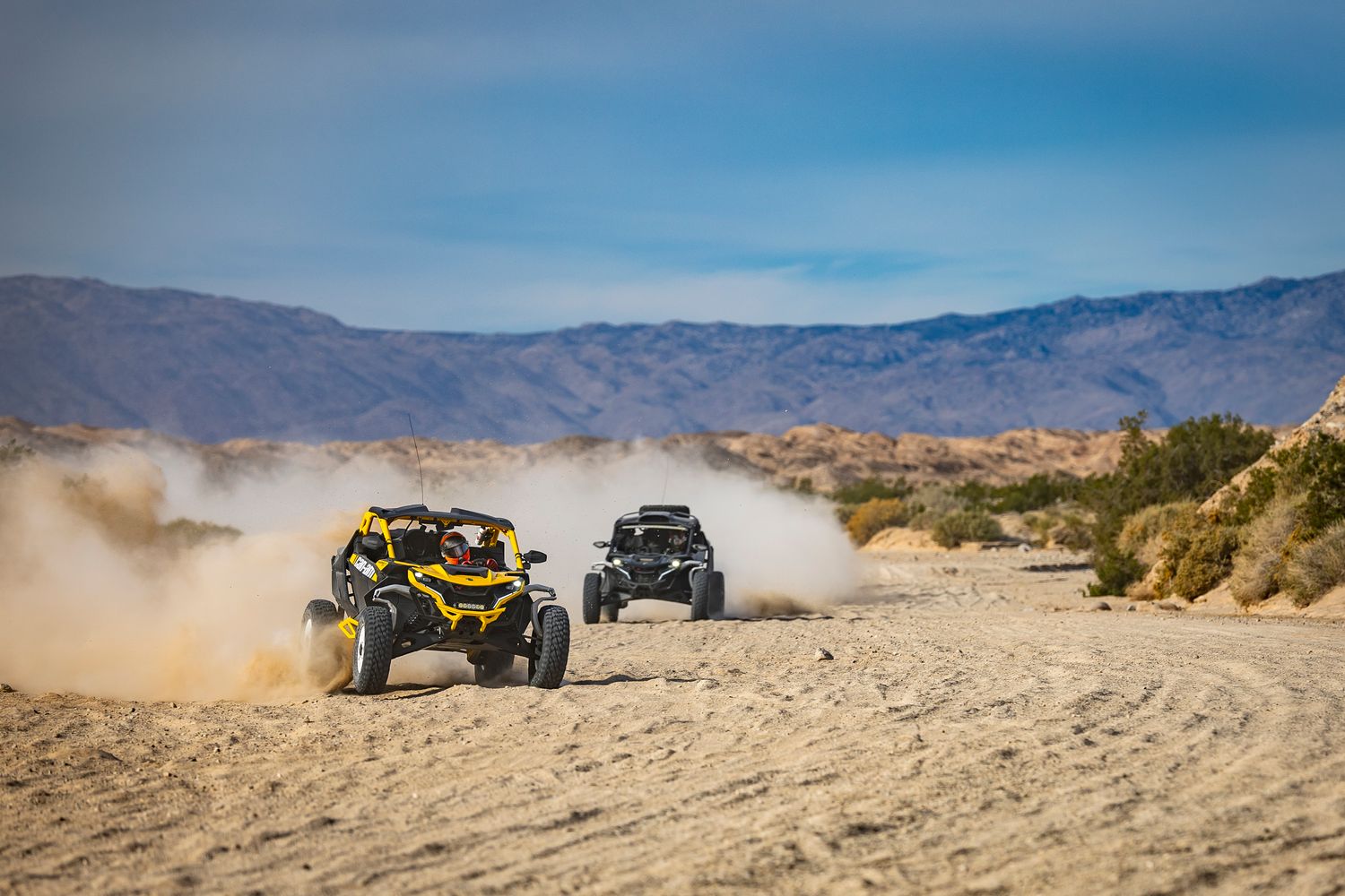 Travis Pastrana leads Brian Deegan in their jaunt through the Southern California desert. Photo: Long Nguyen.
